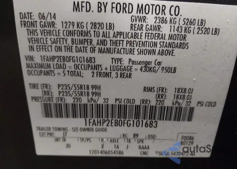 2015 Ford Taurus Sel z USA, uszkodzony, nr VIN 1FAHP2E80FG101683